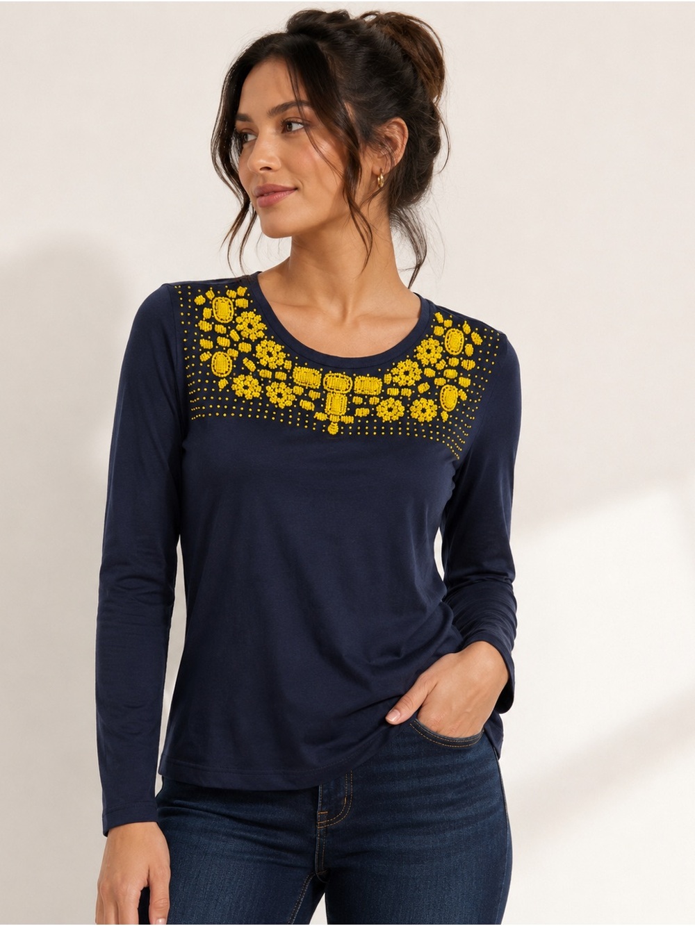 Tory Burch Navy Beaded Embellished Long Sleeve Cotton Tee Top Size Small